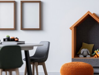Fototapeta premium Modern Living Room with Empty Frames, Playful Decor, and Cozy Toy House for Children