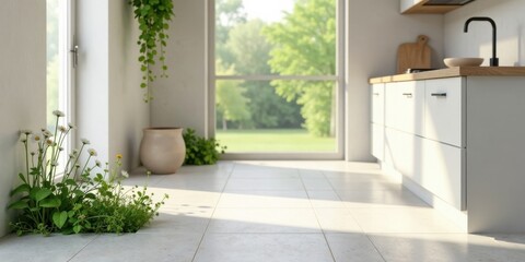 Fototapeta premium Bright Sunlight Illuminates a Modern Kitchen with Blooming Daisies and Greenery