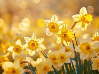 Beautiful yellow daffodils blooming in a sunny garden during springtime