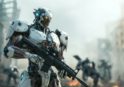 Futuristic battle robot armed in urban combat zone with drones in background