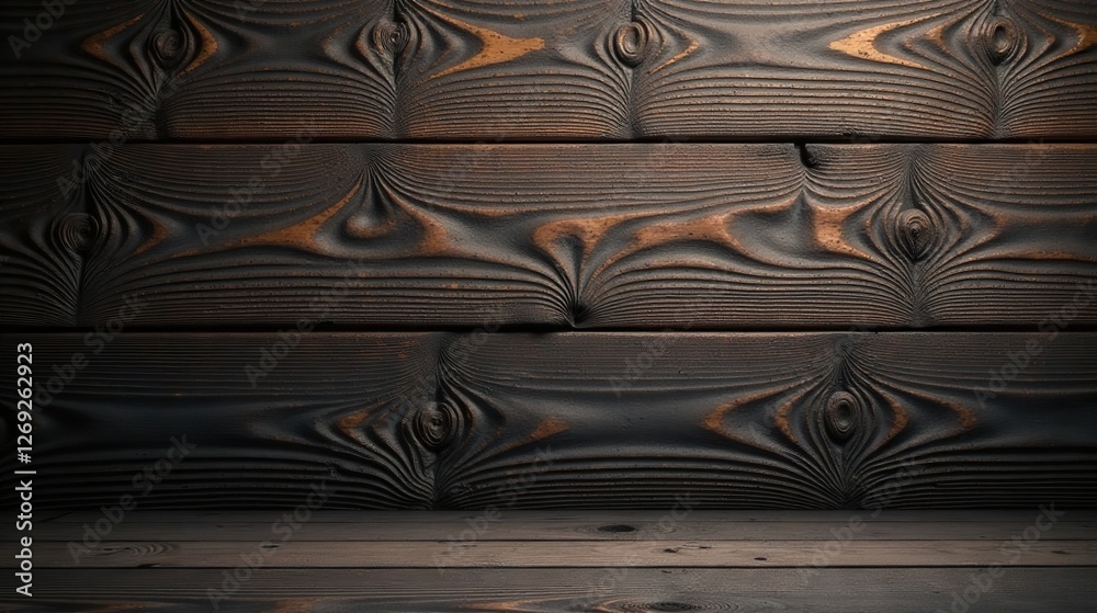 Aufkleber Dark Rustic Wood Planks Background Featuring a Striking Textured Surface and Empty Floor Space Ideal for Product Displays or Design Projects