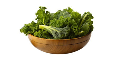 Green Kale Salad Healthy Diet in Wooden Bowl, Organic and Nature-Inspired for Food Themes, isolated on transparent background.