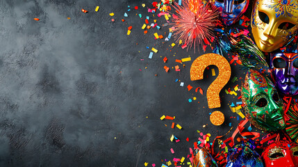 Golden Glitter Question Mark with Colorful Masks and Confetti on Dark Background