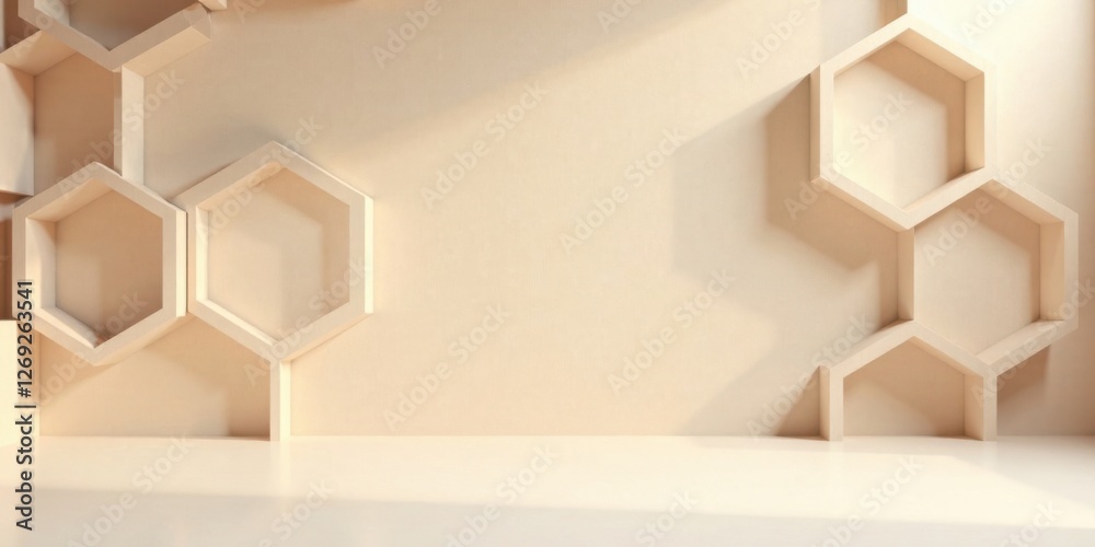 Aufkleber Minimalist Beige Hexagonal Shelf Design Featuring Subtle Light and Shadow Play on a Smooth Wall