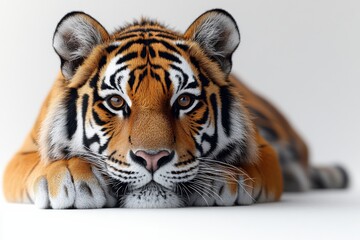Fototapeta premium A close-up view of a tiger resting, showcasing its striking orange and black stripes and expressive eyes against a white background.