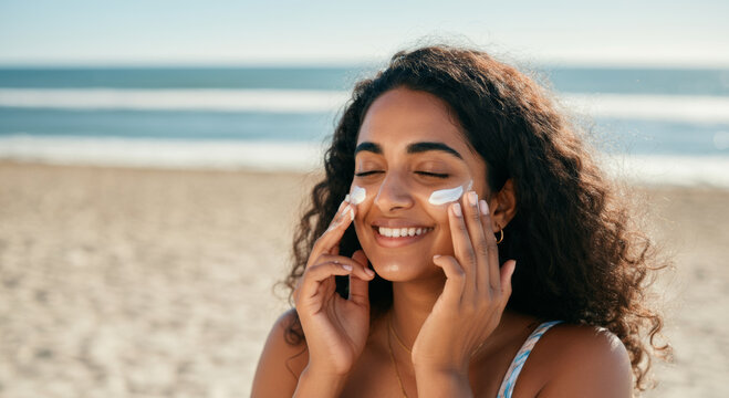 Smiling young woman applying sunscreen on her face at sunny beach - Powered by Adobe