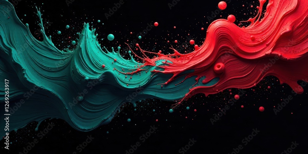 Poster Abstract Swirling Teal and Red Paint Collision A Dynamic Visual Symphony of Color and Motion