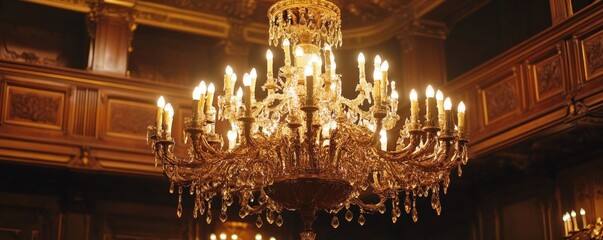 Obraz premium Palace Crystal Chandelier Illuminated in Grand Hall