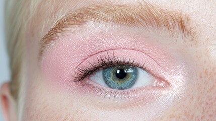 Obraz premium Close-up of woman's eye with light pink eyeshadow. Possible use beauty product advertisement