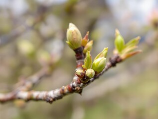 A brown branch with green buds in Spring, closeup