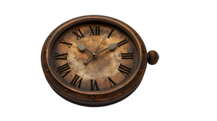 Antique Wall Clock Roman Numerals, Retro Brown Metal for Vintage Home Decor, isolated on transparent background.