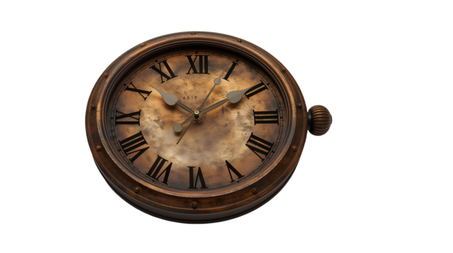 Antique Wall Clock Roman Numerals, Retro Brown Metal for Vintage Home Decor, isolated on transparent background.