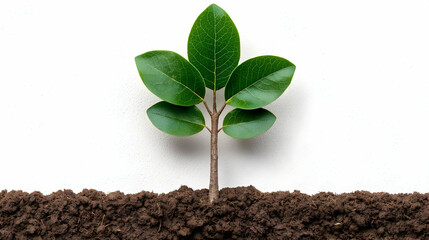Young plant sprout growing from soil, white background, environmental concept