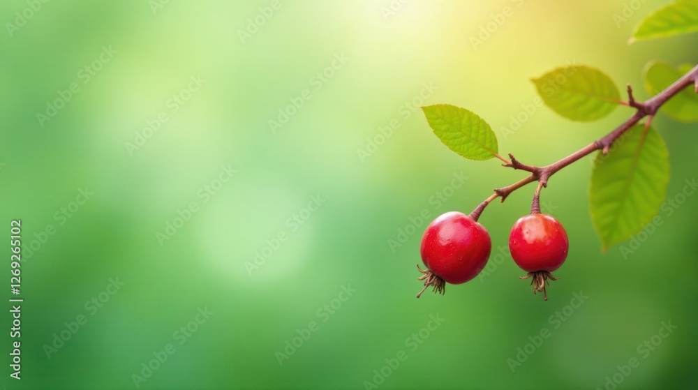 Poster close-up of vibrant red berries on a branch with lush green foliage against a soft, blurred backgrou
