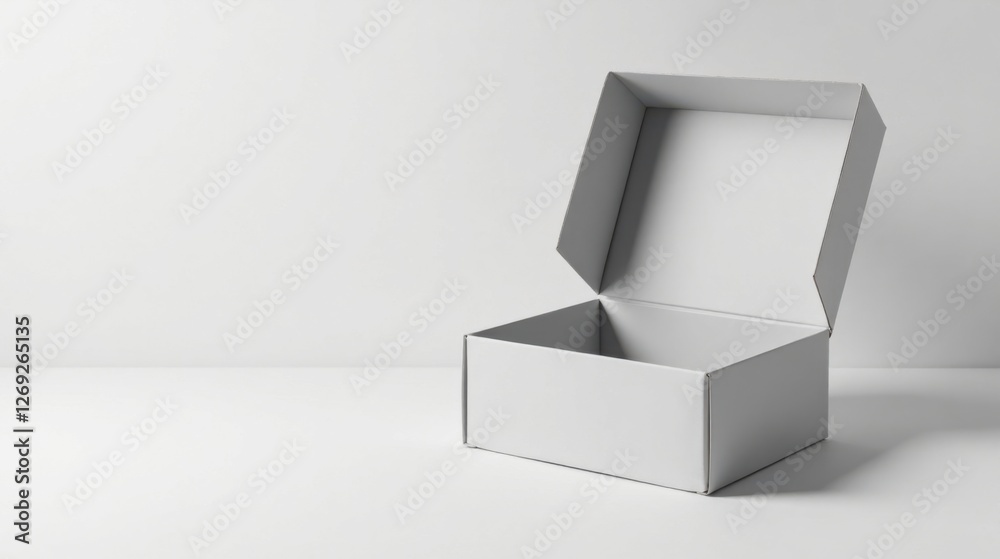 Poster A Plain White Cardboard Box Partially Open on a White Surface, Ready for Product Presentation or Packaging Design