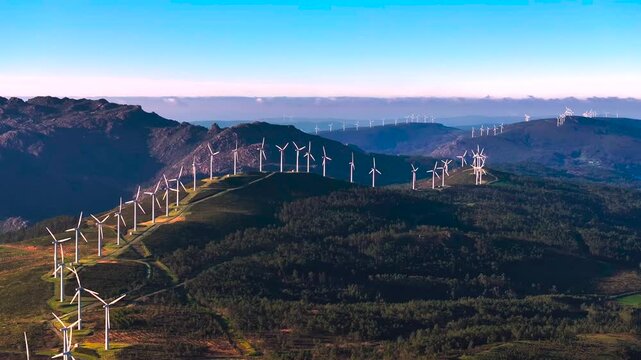 Wind Turbines Over Mountains In Parque e&oacute;lico Adra&ntilde;o, A Coru&ntilde;a, Spain. Aerial Drone Shot