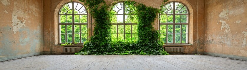 A serene, abandoned room with large windows, overgrown with lush green vines, blending nature and architecture in a tranquil setting.