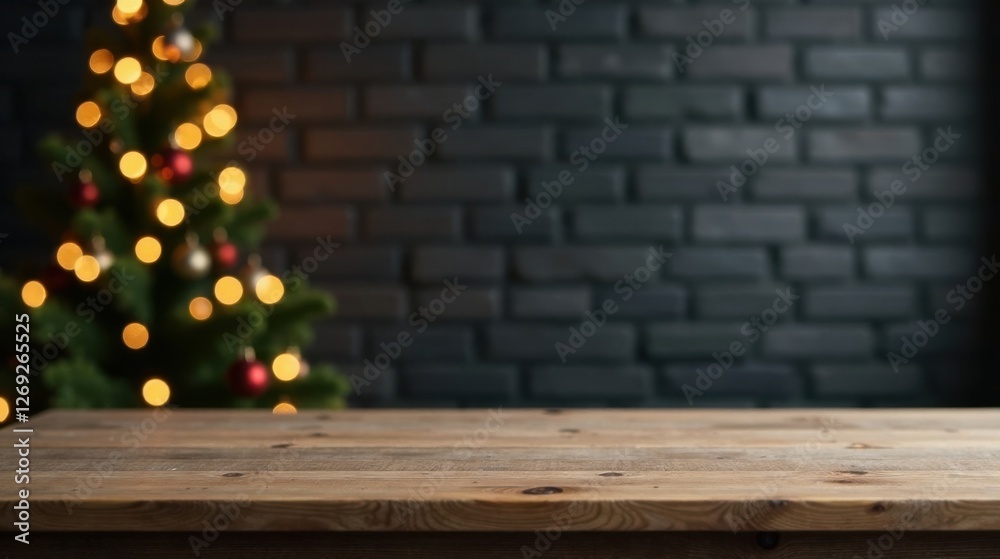 Poster rustic wooden tabletop display with a festive blurred background of an illuminated christmas tree ag