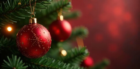 Obraz premium Glossy red & gold baubles on Christmas tree branch, glitter, red