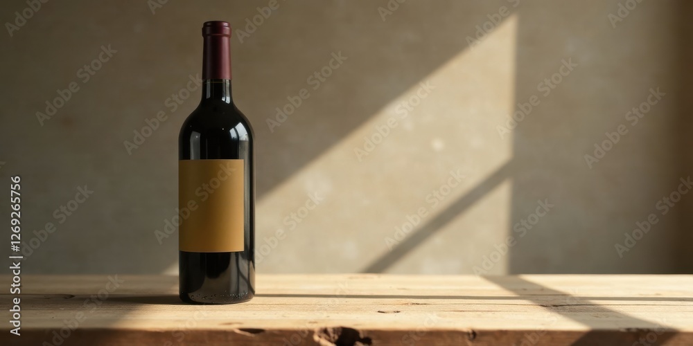 Poster a single bottle of red wine rests on a rustic wooden surface, bathed in the warm glow of sunlight st