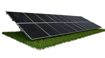 Solar Energy Power: A modern solar panel array, harnessing the power of the sun, is installed on a patch of lush green grass, symbolizing sustainable energy.