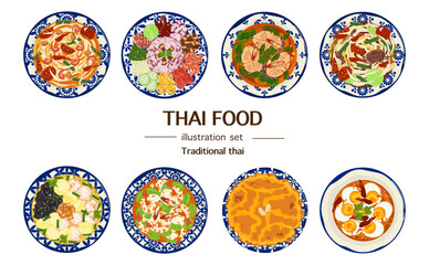 Set of traditional Thai vector illustrations Main meals and single dishes Delicious food Banner Flat. Boiled orange Rice mixed with shrimp paste. Top view Menu Restaurant for food design, poster.