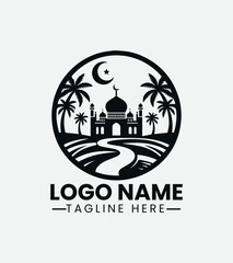 Mosque and Palm Tree Logo Design, Islamic Oasis Logo, Desert Mosque Logo