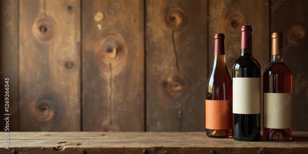 Aufkleber three wine bottles with blank labels rest on a rustic wooden surface against a wood plank backdrop.