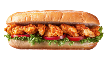 Savory Chicken Sub: a mouthwatering sub sandwich filled with crispy chicken strips, fresh lettuce, and ripe tomato slices, offering a symphony of textures and tastes. 