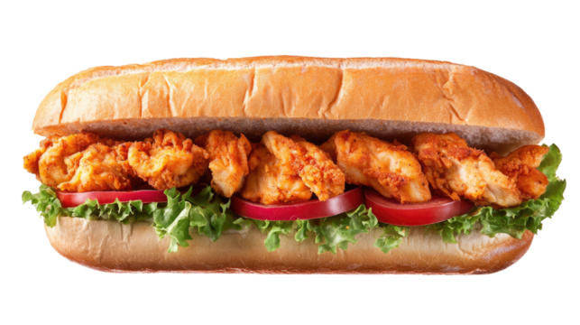 Savory Chicken Sub: a mouthwatering sub sandwich filled with crispy chicken strips, fresh lettuce, and ripe tomato slices, offering a symphony of textures and tastes. 