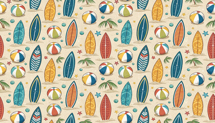 Alternating patterns of surfboards and beach balls with linear detailing seamless pattern summer design