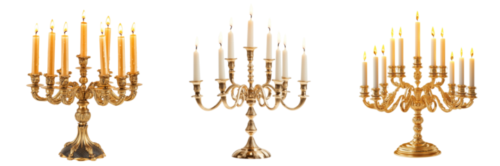 Set of A pastel-colored decorative candle with intricate floral patterns, placed in a vintage brass holder on transparent png background. Ai generated