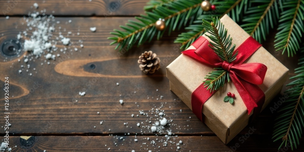 Poster a rustic wood background features a beautifully wrapped gift with a red ribbon and evergreen sprig, 