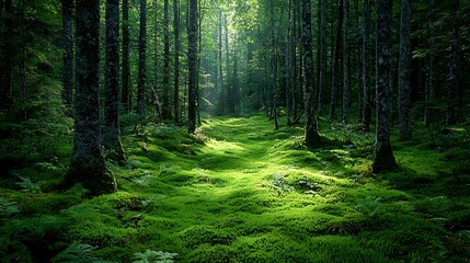 Obraz premium Sunlit moss path in deep forest, dappled light, nature background, idyllic scene