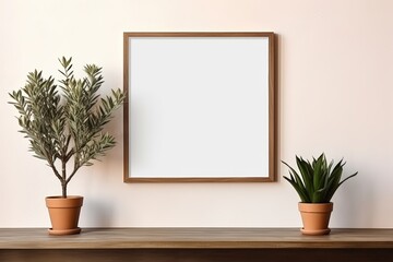 A minimalist interior scene featuring a blank frame on a wall flanked by potted plants on a wooden shelf.