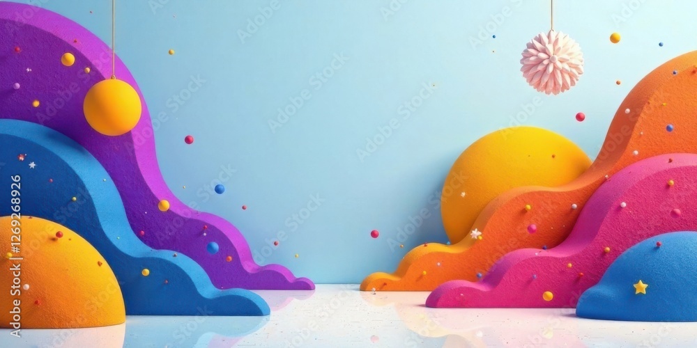 Poster Abstract Colorful 3D Render of Playful Shapes and Floating Ornaments in a Whimsical Setting