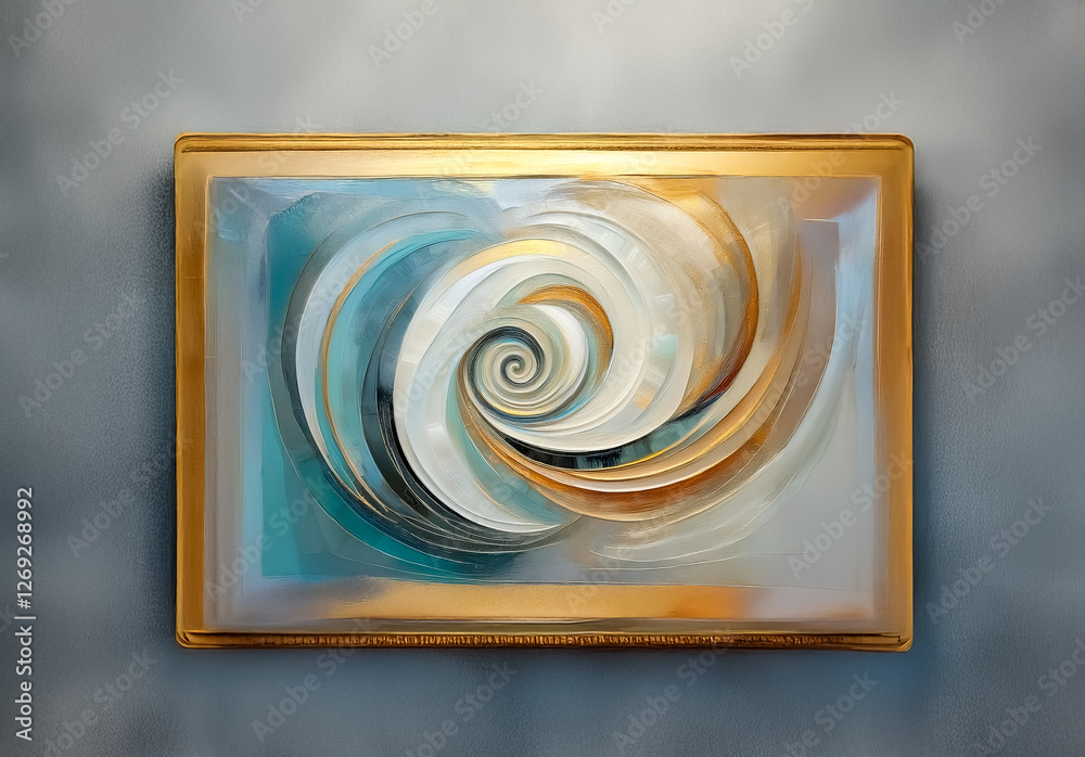 Poster abstract spiral art in a gold frame displayed on a grey wall. the artwork features swirling shapes i