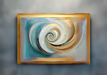 Abstract spiral art in a gold frame displayed on a grey wall. The artwork features swirling shapes in white, blue, and gold tones.