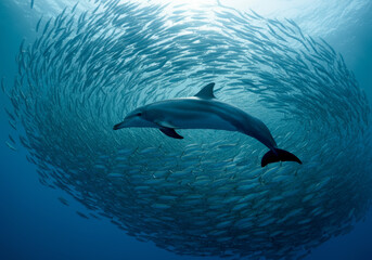 Fototapeta premium Dolphin swimming amidst spiraling school of fish in ocean blue underwater scene