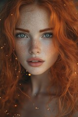 A woman with stunning red hair and bright blue eyes presents an enchanting expression. Her delicate freckles add charm, with soft natural light highlighting her features.