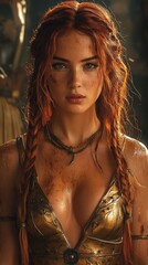 A strong warrior woman with long, braided hair stands confidently, wearing intricate golden armor. The lighting enhances her features amid a mysterious, ancient backdrop.