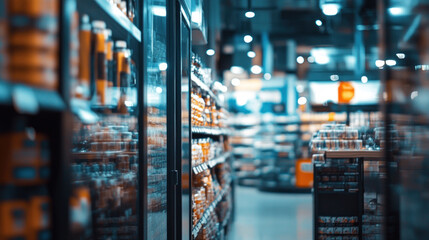 Supermarket aisle interior, blurred focus, food products