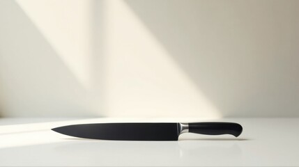 Sleek Black Chef's Knife on a Bright White Surface Bathed in Soft Sunlight