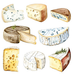 Watercolor different kinds italian cheeses with cutted pieces, milk dairy product. Delicious food hand-drawn illustration isolated on white background. Perfect for menu, recipe, label, print materials