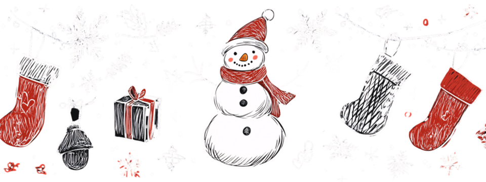 White hand-drawn Christmas doodles on a transparent background