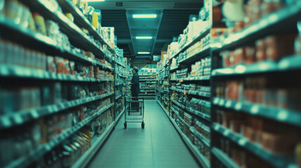 Grocery store aisle with shopper, shelves full of products