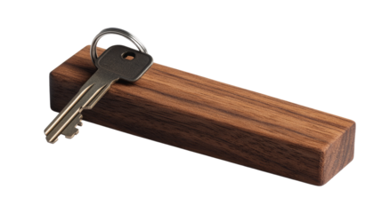 Key and Wooden Block: A simple, elegant shot of a single key resting on a meticulously crafted, dark wooden block, symbolizing security and access.