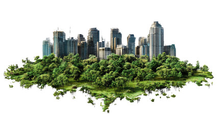 Obraz premium Eco-City: A thriving city skyline harmoniously blends with a vibrant green landscape, showcasing a commitment to sustainable living.