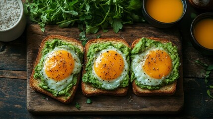Avocado toast with fried eggs, healthy breakfast