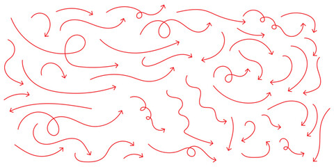 Set of vector curved arrows hand drawn. Sketch doodle style. Collection of pointers. Red hand drawn arrow icon set. Collection hand drawn arrows. Set simple curved arrows isolated on white background.